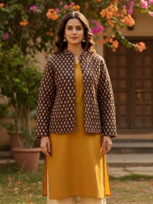 Ruby Black Color Floral Block Printed Reversible Dual Side Cotton Full Sleeves Quilted Kantha Jacket for Winter
