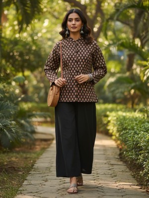 Ruby Black Color Floral Block Printed Reversible Dual Side Cotton Full Sleeves Quilted Kantha Jacket for Winter