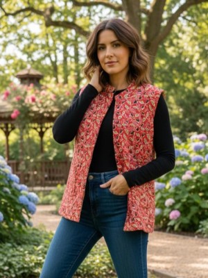 Kusum Red Floral Printed Reversible Dual Side Cotton Sleeveless Quilted Kantha Jacket