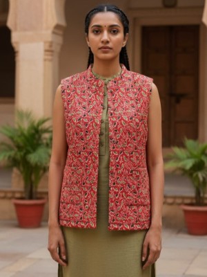 Kusum Red Floral Printed Reversible Dual Side Cotton Sleeveless Quilted Kantha Jacket