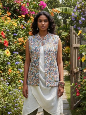 Soni Multi Color Floral Printed Reversible Dual Side Cotton Sleeveless Quilted Kantha Jacket