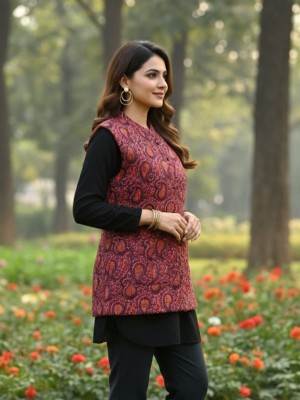 Devi Red & Black Floral Printed Reversible Dual Side Cotton Sleeveless Quilted Kantha Jacket