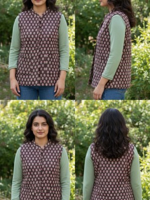 Inayat Green Floral Printed Reversible Dual Side Cotton Sleeveless Quilted Kantha Jacket