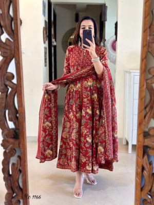 Red Floral Print Frock Style Front Slit Anarkali Kurta Kurti Pant Dupatta Set Gown Dress Salwar Kameez (Set of 3)