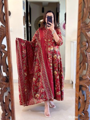 Red Floral Print Frock Style Front Slit Anarkali Kurta Kurti Pant Dupatta Set Gown Dress Salwar Kameez (Set of 3)