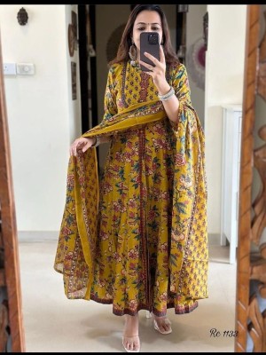 Yellow Floral Print Frock Style Front Slit Anarkali Kurta Kurti Pant Dupatta Set Gown Dress Salwar Kameez (Set of 3)