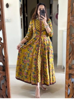 Yellow Floral Print Frock Style Front Slit Anarkali Kurta Kurti Pant Dupatta Set Gown Dress Salwar Kameez (Set of 3)