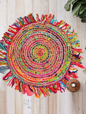 Boho Indian Handmade Jute & Cotton Braided Rugs Colorful Fringed Chindi Round Rug - 3 Ft
