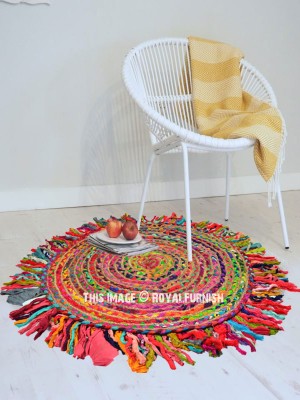 Boho Indian Handmade Jute & Cotton Braided Rugs Colorful Fringed Chindi Round Rug - 3 Ft