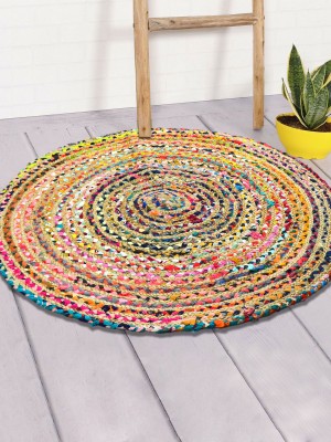 Round Mixed Color Chindi Reversible Hand Woven Jute Cotton Braided Rugs - 3 Ft