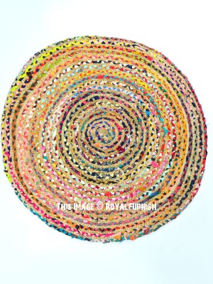 Round Mixed Color Chindi Reversible Hand Woven Jute Cotton Braided Rugs - 3 Ft