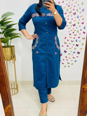 Blue Floral Embroidered Cotton Kurti Pant Co Ord Set Salwar Kameez For Women with Dual Side Pockets - Set of 2