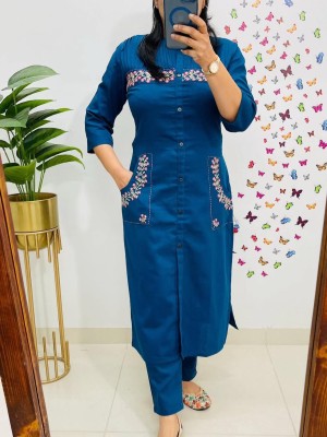 Blue Floral Embroidered Cotton Kurti Pant Co Ord Set Salwar Kameez For Women with Dual Side Pockets - Set of 2