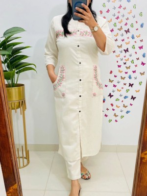 White Floral Embroidered Cotton Kurti Pant Co Ord Set Salwar Kameez For Women with Dual Side Pockets - Set of 2