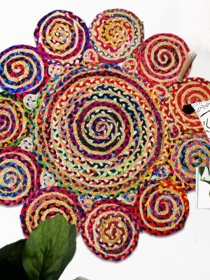 Boho Multi Round Chindi Reversible Hand Woven Jute Cotton Braided Rugs - 3 Ft