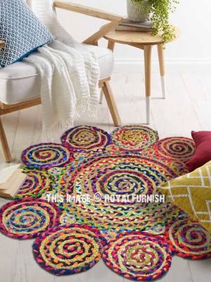 Boho Multi Round Chindi Reversible Hand Woven Jute Cotton Braided Rugs - 3 Ft