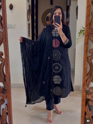 Blue Designer Embroidered Readymade Indian Straight Salwar Kameez Kurti Pant Set for Women - Set of 3