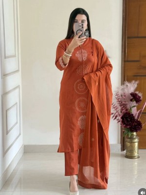 Orange Designer Embroidered Readymade Indian Straight Salwar Kameez Kurti Pant Set for Women - Set of 3
