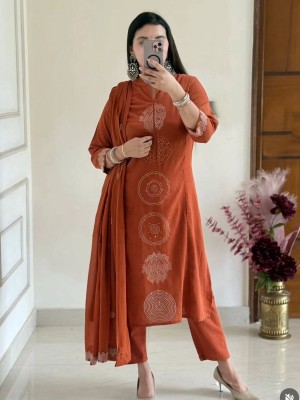 Orange Designer Embroidered Readymade Indian Straight Salwar Kameez Kurti Pant Set for Women - Set of 3