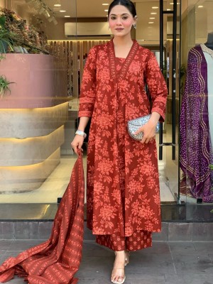 Red Floral Printed Designer Readymade Indian Straight Salwar Kameez Kurti Pant Set for Women - Set of 3