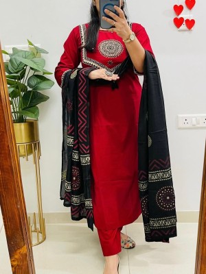 Red Designer Readymade Indian Straight Salwar Suit Kurti Pant Set for Women - Set of 3