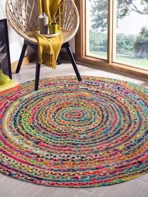 Round Mixed Color Chindi Reversible Hand Woven Jute Cotton Braided Rugs - 4 Ft
