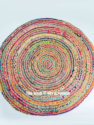 Round Mixed Color Chindi Reversible Hand Woven Jute Cotton Braided Rugs - 4 Ft