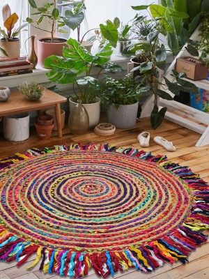 Boho Indian Handmade Jute & Cotton Braided Rugs Colorful Fringed Chindi Round Rug - 4 Ft
