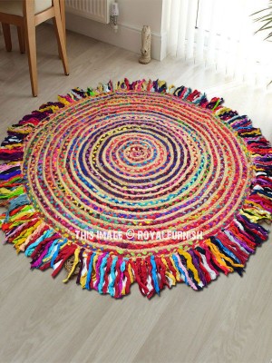 Boho Indian Handmade Jute & Cotton Braided Rugs Colorful Fringed Chindi Round Rug - 4 Ft