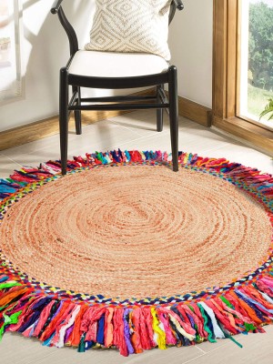 Handmade Jute Sisal Braided Rugs Colorful Chindi Fringed Round Rug - 4 Ft