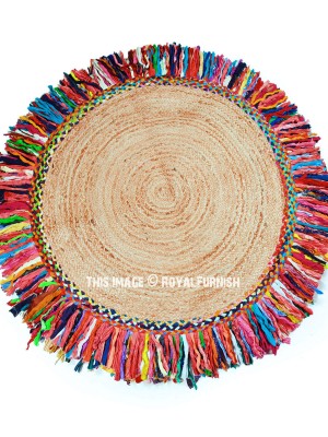 Handmade Jute Sisal Braided Rugs Colorful Chindi Fringed Round Rug - 4 Ft