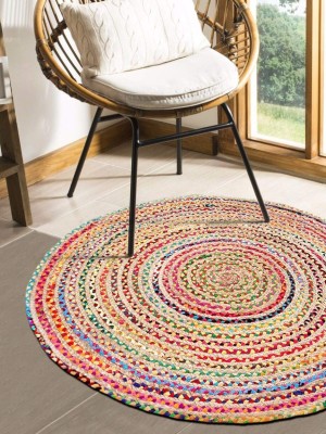 Round Mixed Color Chindi Reversible Hand Woven Jute Cotton Braided Rugs - 5 Ft