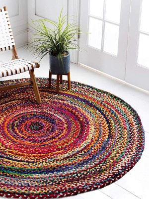 Boho Round Mixed Color Chindi Reversible Hand Woven Cotton Braided Rugs - 5 Ft