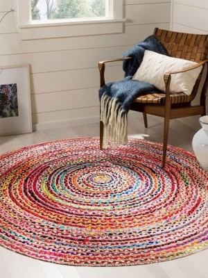 Round Mixed Color Chindi Reversible Hand Woven Jute Cotton Braided Rugs - 6 Ft