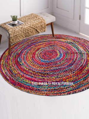 Boho Round Mixed Color Chindi Reversible Hand Woven Cotton Braided Rugs - 6 Ft