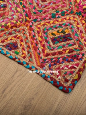 Diamond Shaped Hand Woven Rugs Braided Chindi Cotton Jute Reversible Rug - 3x5 Ft