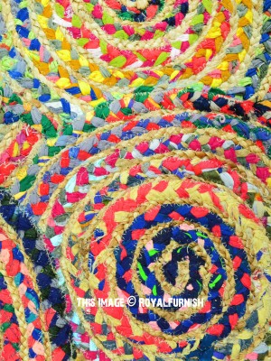 Multicolor Circle Designer Hand Woven Rugs Braided Chindi Cotton Jute Reversible Rug - 3x5 Ft