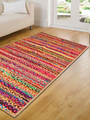 Multi Striped Hand Woven Rugs Braided Chindi Cotton Jute Reversible Rug - 3x5 Ft