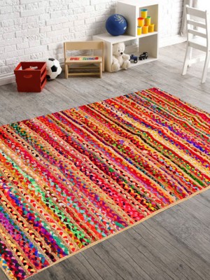 Multi Striped Hand Woven Rugs Braided Chindi Cotton Jute Reversible Rug - 3x5 Ft