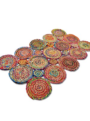 Multi Round Circles Hand Woven Rugs Braided Chindi Cotton Jute Reversible Rug - 4x6 Ft