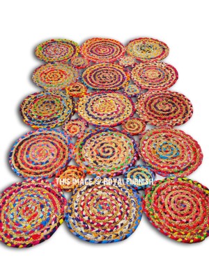 Multi Round Circles Hand Woven Rugs Braided Chindi Cotton Jute Reversible Rug - 4x6 Ft