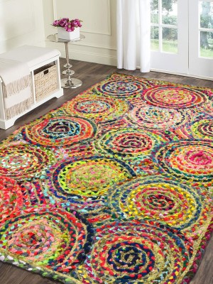 Multicolor Circle Designer Hand Woven Rugs Braided Chindi Cotton Jute Reversible Rug - 4x6 Ft