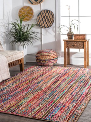 Multi Striped Hand Woven Rugs Braided Chindi Cotton Jute Reversible Rug - 4x6 Ft