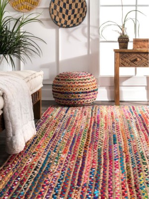 Multi Striped Hand Woven Rugs Braided Chindi Cotton Jute Reversible Rug - 4x6 Ft