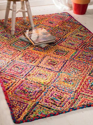 Diamond Shaped Hand Woven Rugs Braided Chindi Cotton Jute Reversible Rug - 4x6 Ft