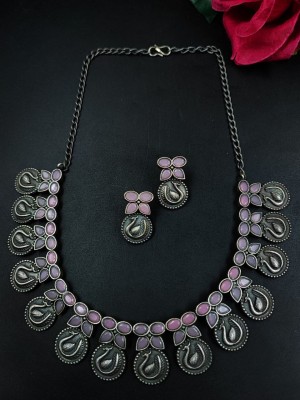 Traditional Stonework Indian Peacock Designer Choker Silver Oxidized Necklace with Earrings