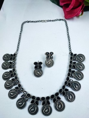 Traditional Stonework Indian Peacock Designer Choker Silver Oxidized Necklace with Earrings