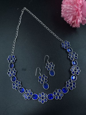 Beautifully Stone Crafted Indian Choker Silver Oxidized Necklace with Earrings for Girls