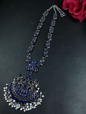 Ethnic Peacock Silver Oxidized Long Necklace Party Wear Stonework Pearl Designer Gypsy Jewlery