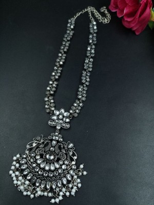 Ethnic Peacock Silver Oxidized Long Necklace Party Wear Stonework Pearl Designer Gypsy Jewlery